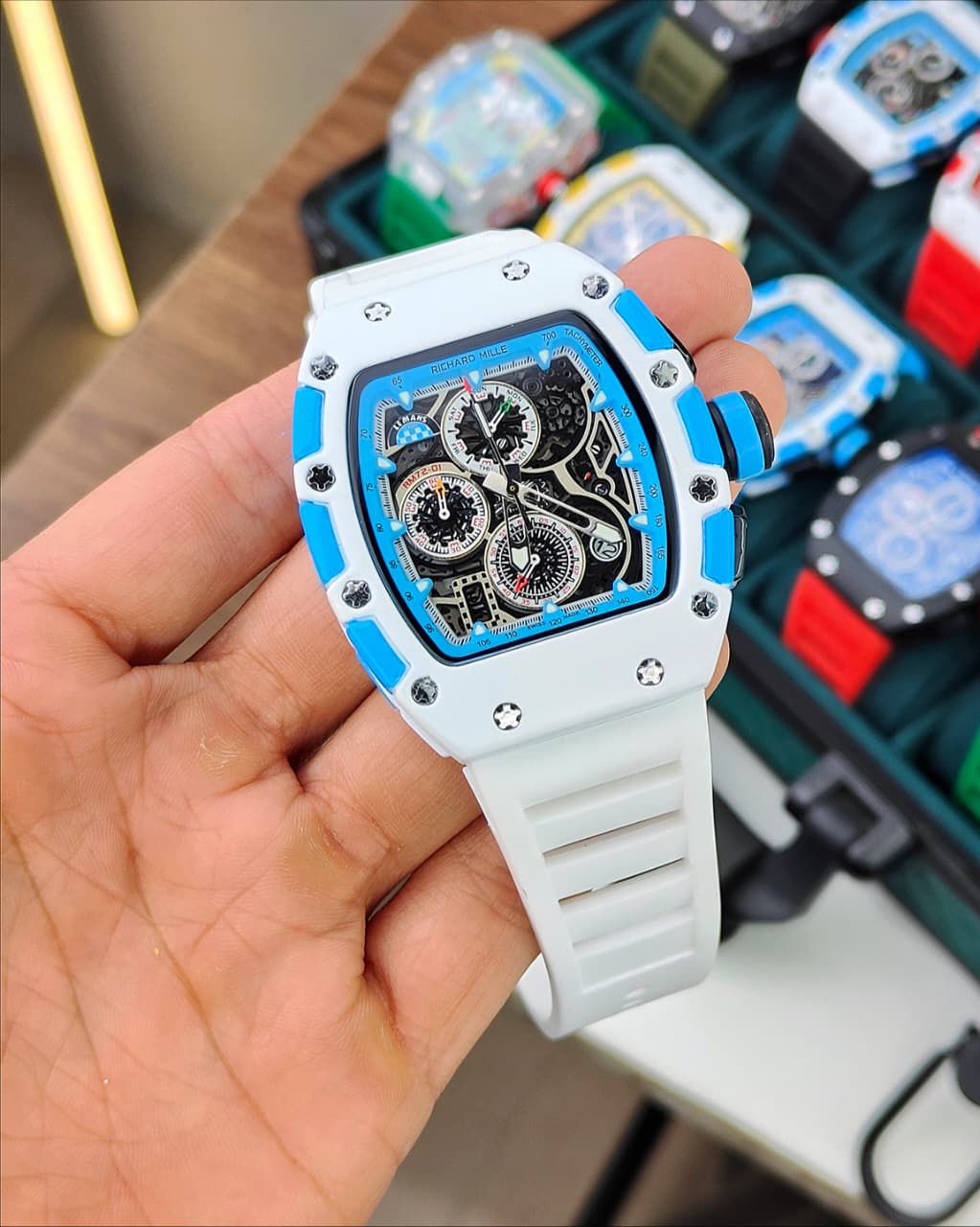 RICHAR_D MILLE MEN’S QUARTZ CHRONOGRAPH WATCH WITH A WHITE RESIN CASH AND WHITE SILICONE STRAP