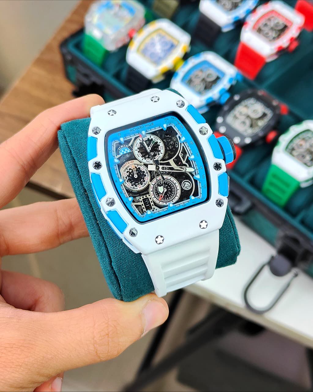 RICHAR_D MILLE MEN’S QUARTZ CHRONOGRAPH WATCH WITH A WHITE RESIN CASH AND WHITE SILICONE STRAP