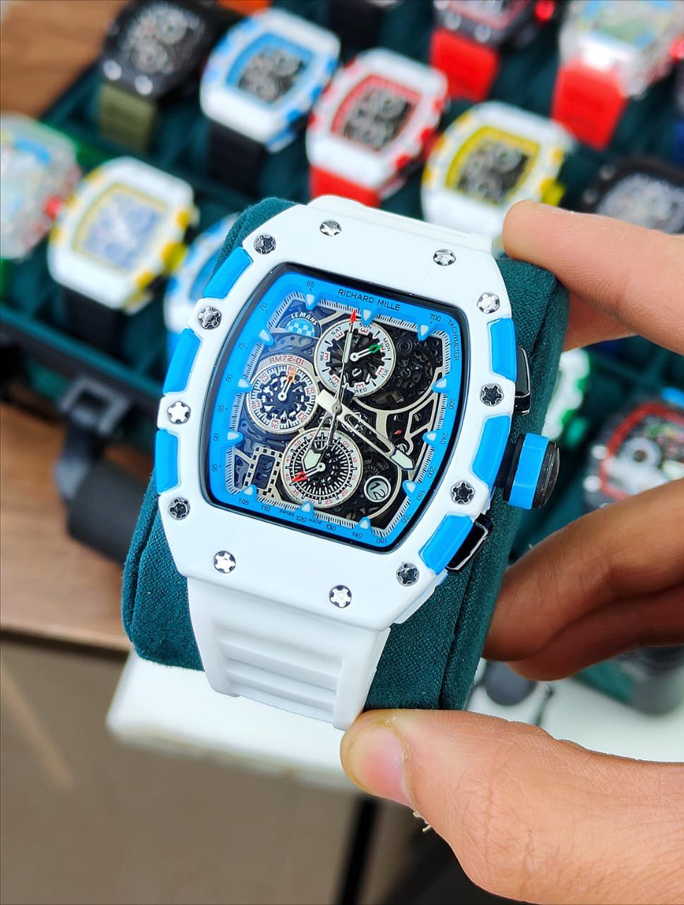 RICHAR_D MILLE MEN’S QUARTZ CHRONOGRAPH WATCH WITH A WHITE RESIN CASH AND WHITE SILICONE STRAP